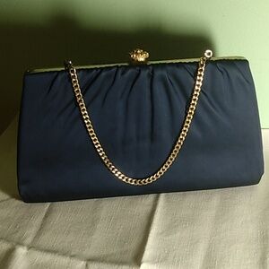 Vintage evening formal clutch bag navy blue satin with gold clasp and chain